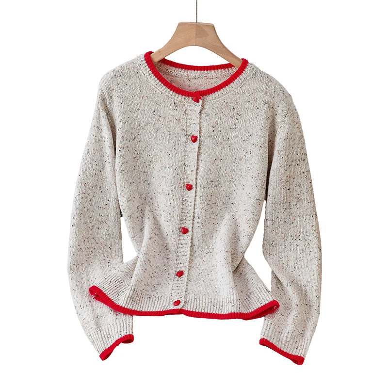 Damen Gesprenkelte Strickjacke mit Kontrastkanten und Herzknöpfen Nord Taschen