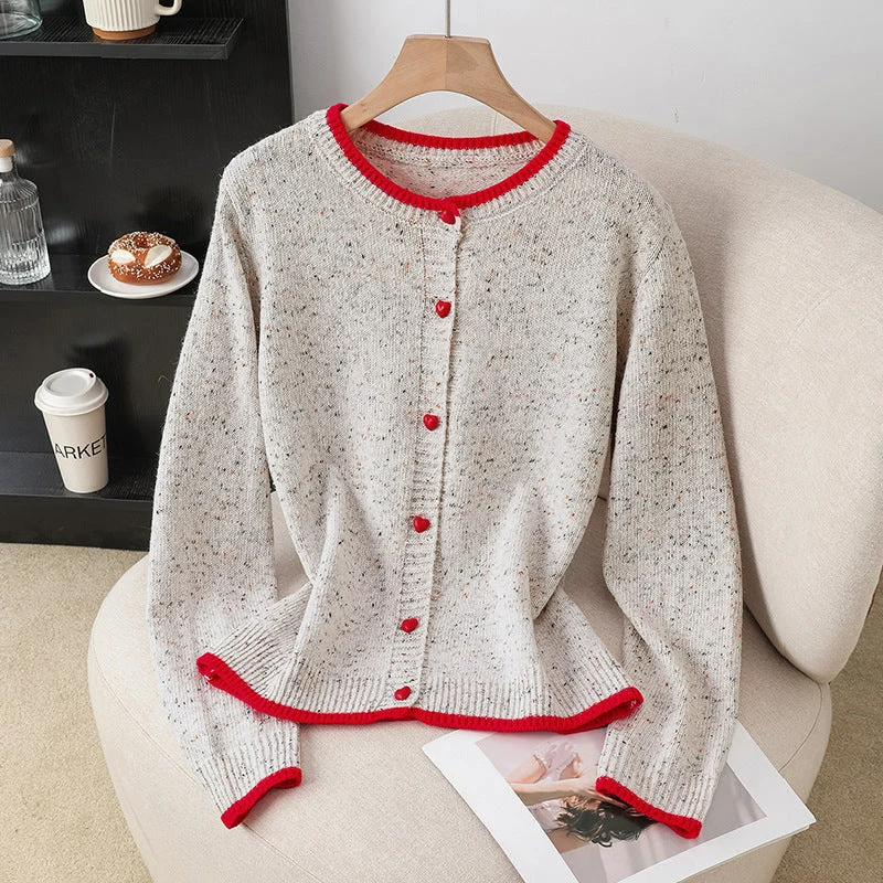 Damen Gesprenkelte Strickjacke mit Kontrastkanten und Herzknöpfen Nord Taschen