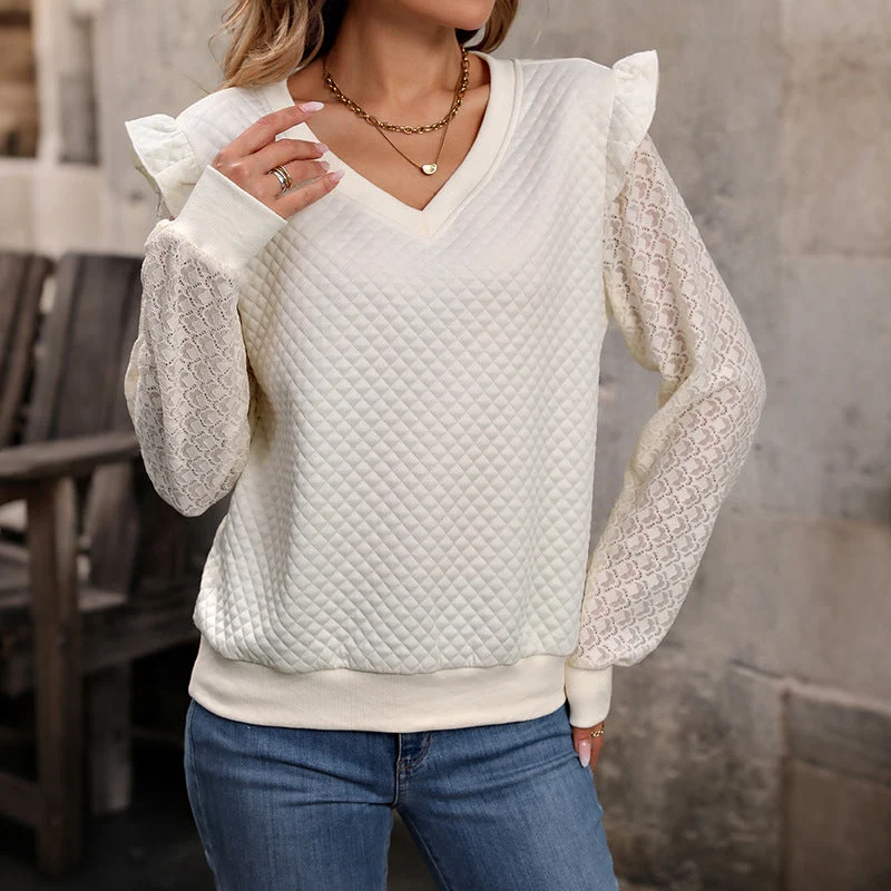 Damen Gesteppter V-Ausschnitt-Sweatpullover mit Volant-Schulter und Spitzenärmeln Nord Taschen