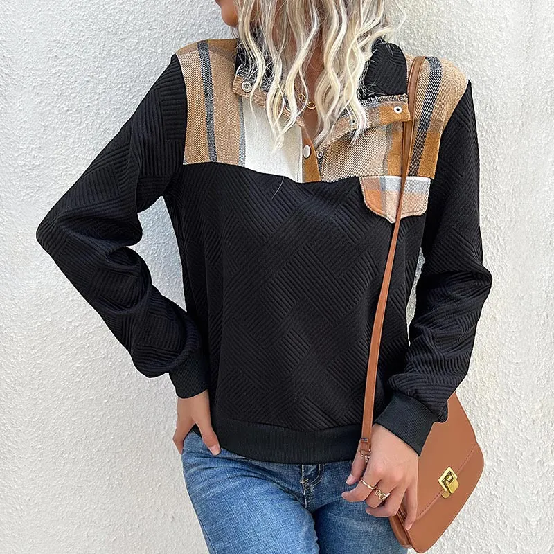 Damen Gestepptes Sweatshirt mit Karobesatz, Stehkragen und Druckknopfleiste Nord Taschen