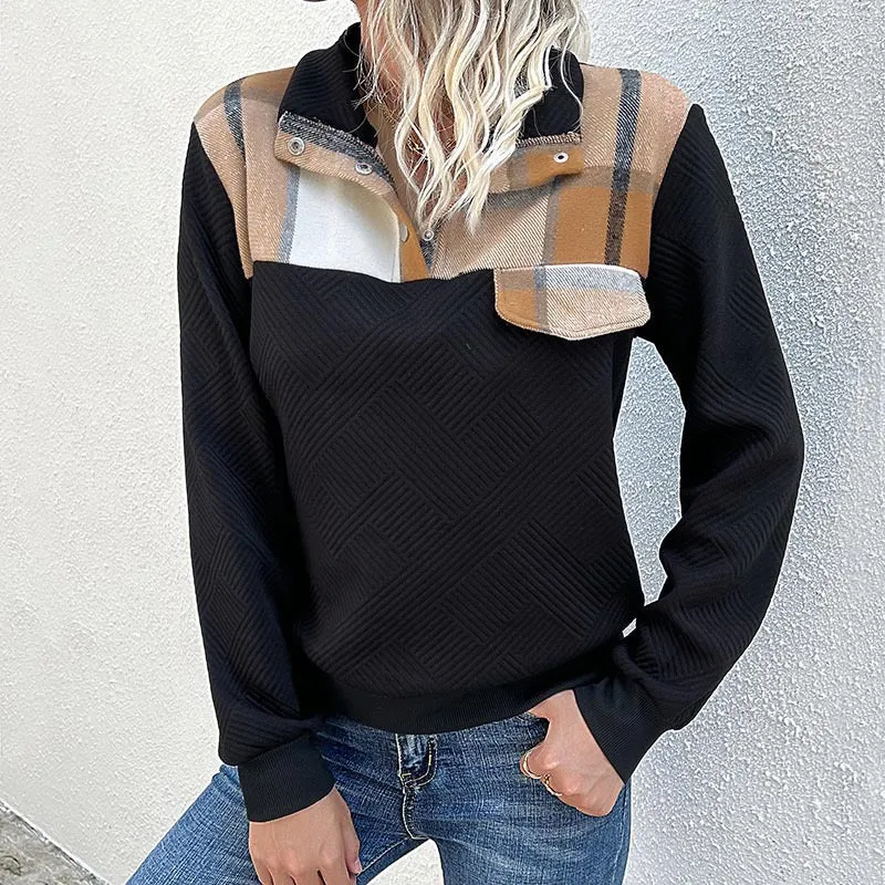 Damen Gestepptes Sweatshirt mit Karobesatz, Stehkragen und Druckknopfleiste Nord Taschen
