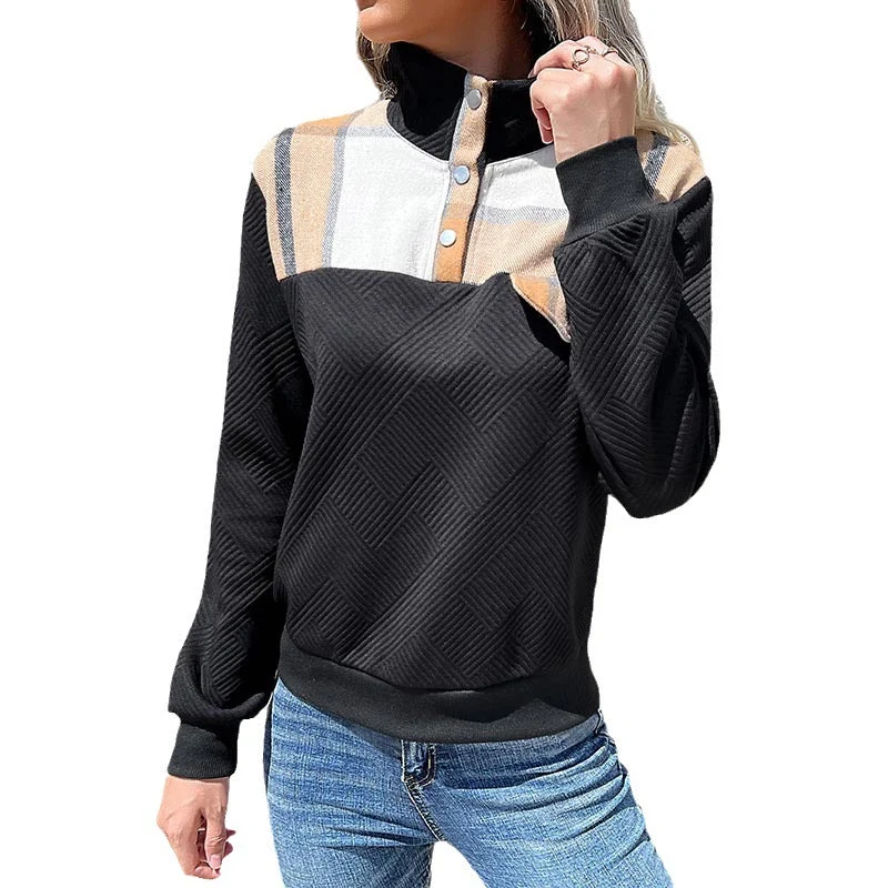 Damen Gestepptes Sweatshirt mit Karobesatz, Stehkragen und Druckknopfleiste Nord Taschen