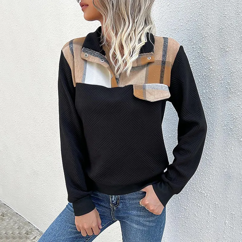 Damen Gestepptes Sweatshirt mit Karobesatz, Stehkragen und Druckknopfleiste Nord Taschen