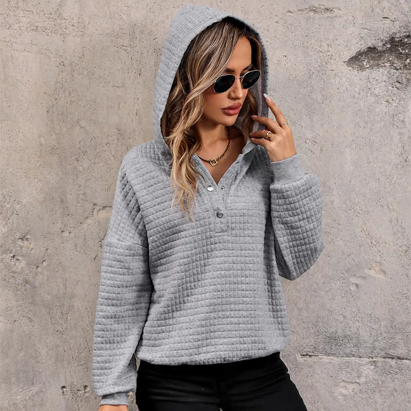 Damen Gestepptes Waffelstrick-Henley-Hoodie mit Druckknopfleiste Nord Taschen