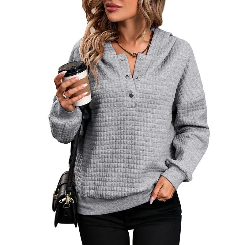 Damen Gestepptes Waffelstrick-Henley-Hoodie mit Druckknopfleiste Nord Taschen
