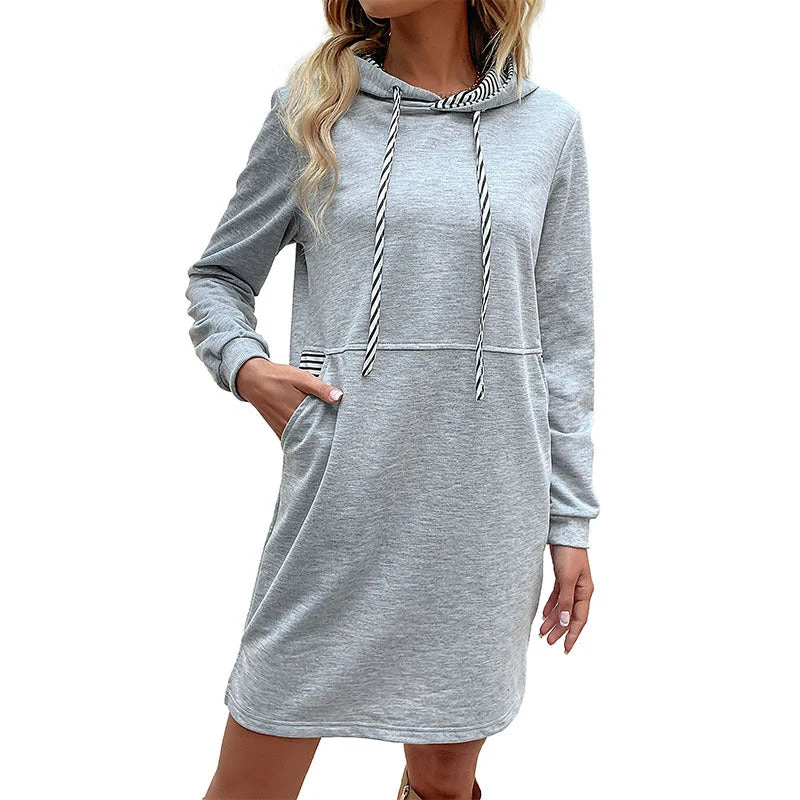 Damen Kapuzenkleid im Sweatshirt-Stil mit Kängurutasche, gestreifter Kordelzug und lässiger Tunika-Silhouette Nord Taschen