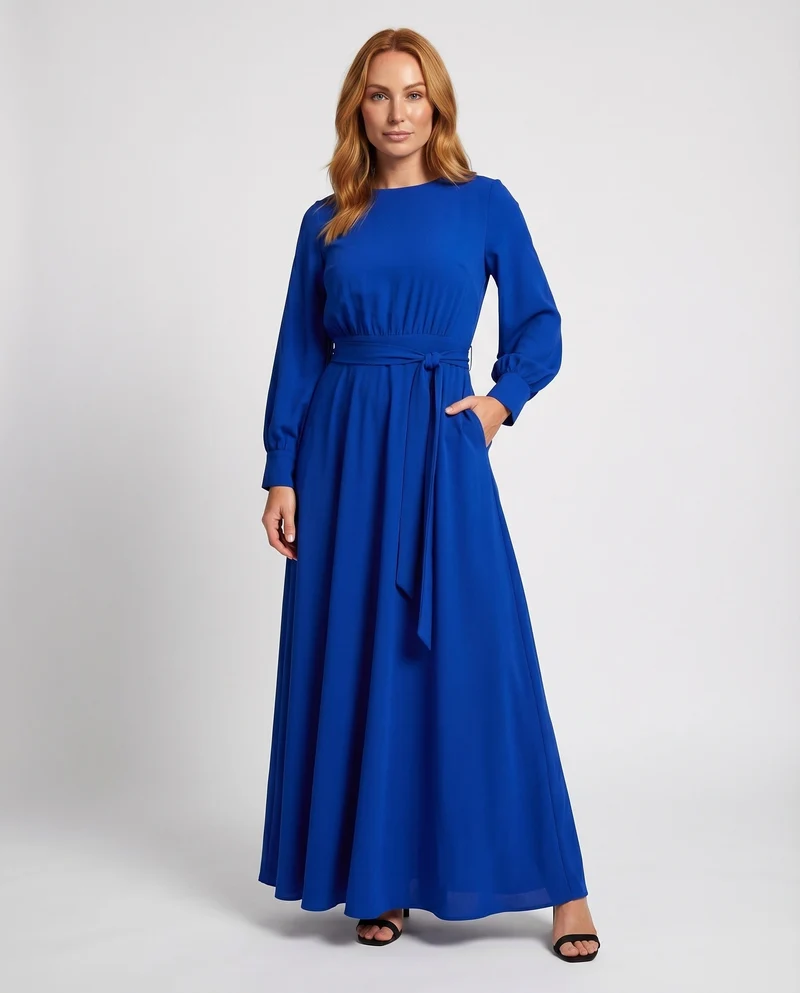 Damen Abendkleid Bodenlang Taillendrapierung Ballonärmel