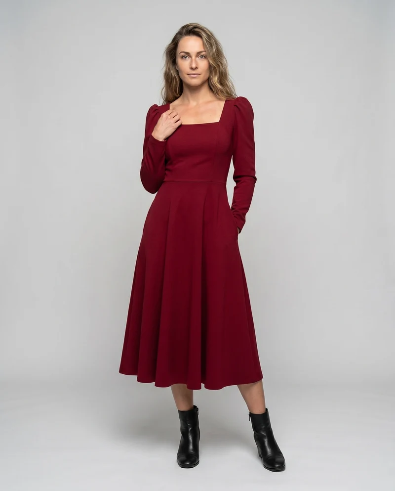 Damen Midi-Kleid mit quadratischem Ausschnitt und Puffärmeln