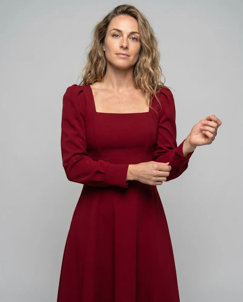 Damen Midi-Kleid mit quadratischem Ausschnitt und Puffärmeln