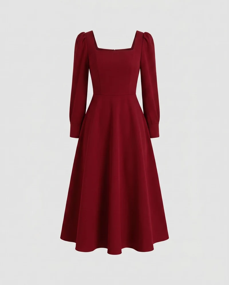 Damen Midi-Kleid mit quadratischem Ausschnitt und Puffärmeln