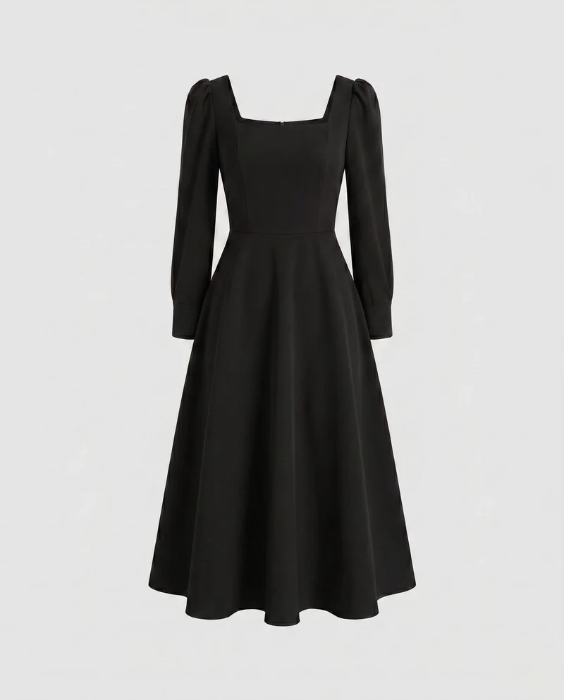 Damen Midi-Kleid mit quadratischem Ausschnitt und Puffärmeln
