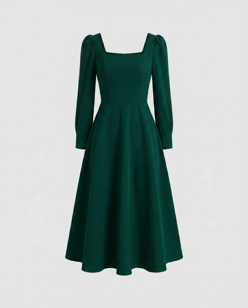 Damen Midi-Kleid mit quadratischem Ausschnitt und Puffärmeln
