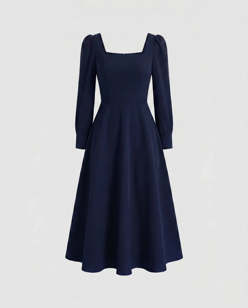 Damen Midi-Kleid mit quadratischem Ausschnitt und Puffärmeln
