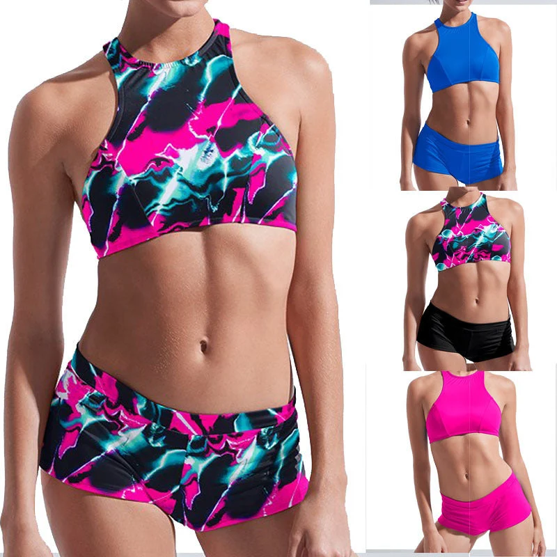 Damen Sport-Bikini mit hochgeschlossenem Oberteil und kurzem Höschen