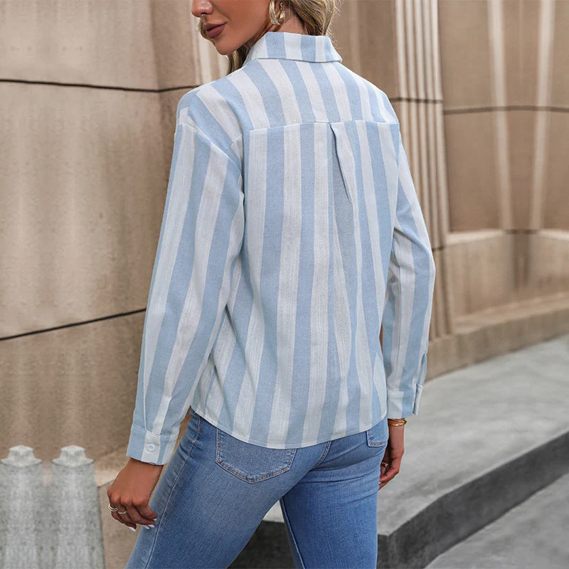 Damen Gestreifte Viskose-Hemdbluse mit Kentkragen und tailliertem Fall Nord Taschen