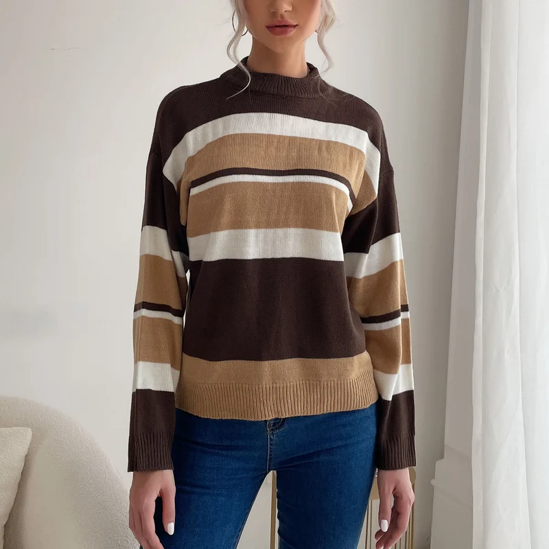 Damen Gestreifter Feinstrick-Pullover mit Stehkragen Nord Taschen