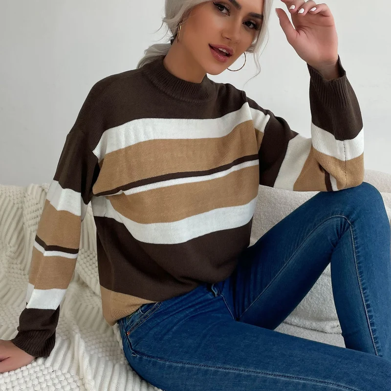 Damen Gestreifter Feinstrick-Pullover mit Stehkragen Nord Taschen