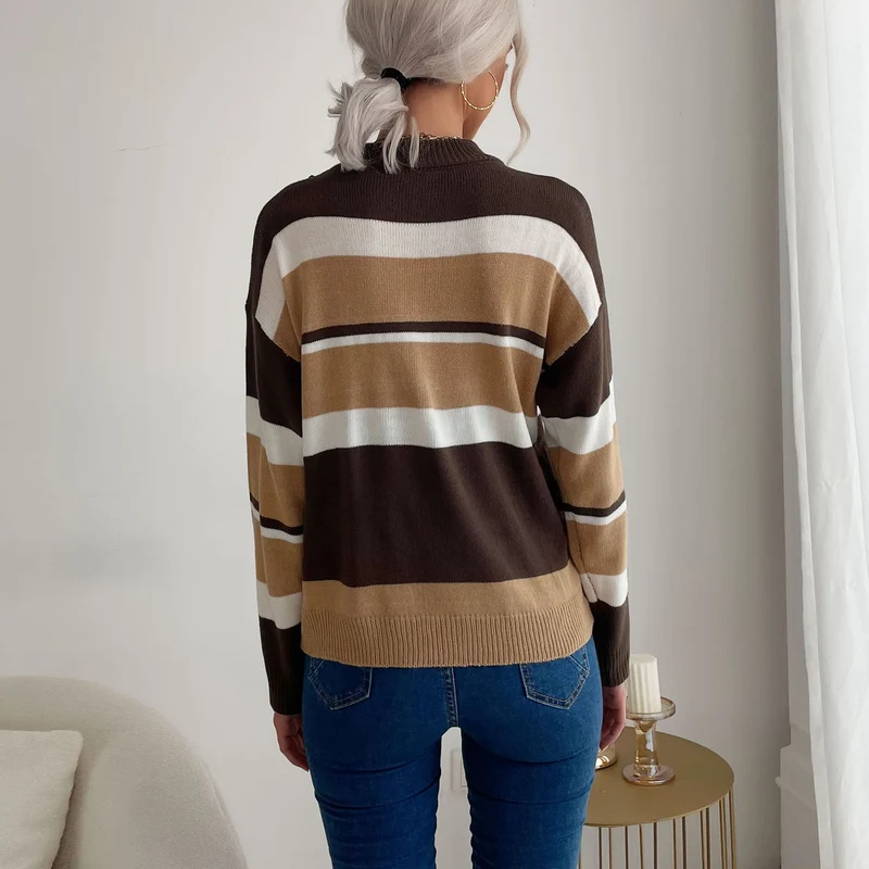 Damen Gestreifter Feinstrick-Pullover mit Stehkragen Nord Taschen