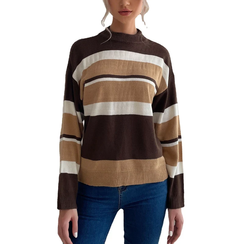 Damen Gestreifter Feinstrick-Pullover mit Stehkragen Nord Taschen