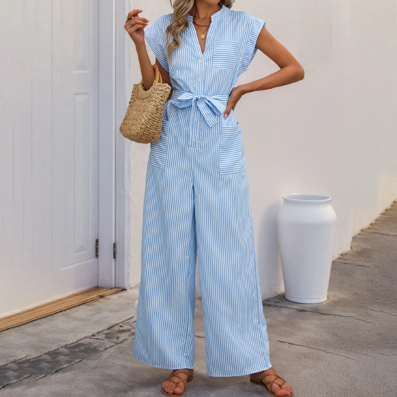 Damen Gestreifter Jumpsuit mit weitem Bein, Taillenschärpe und Hemdblusen-Detail Nord Taschen