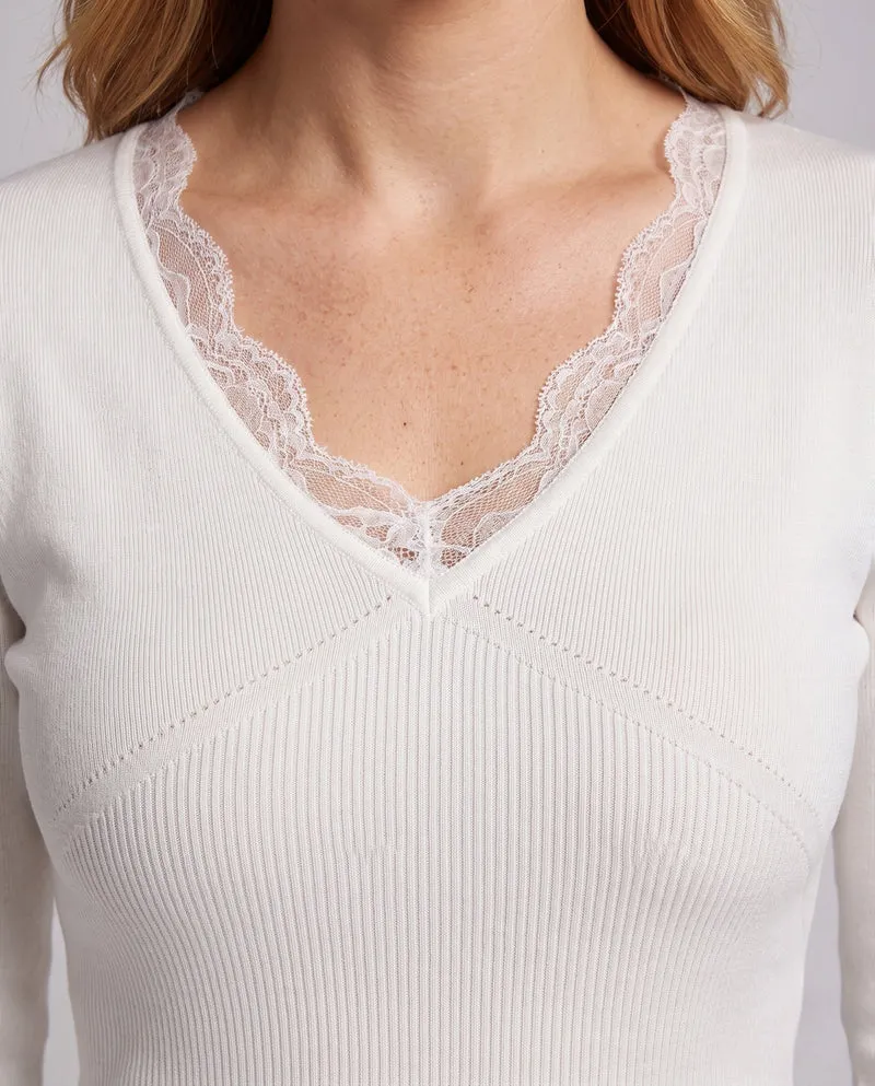 Damen figurbetont feiner Strickpullover mit Spitzen-V-Ausschnitt und langen Ärmeln Nord Taschen