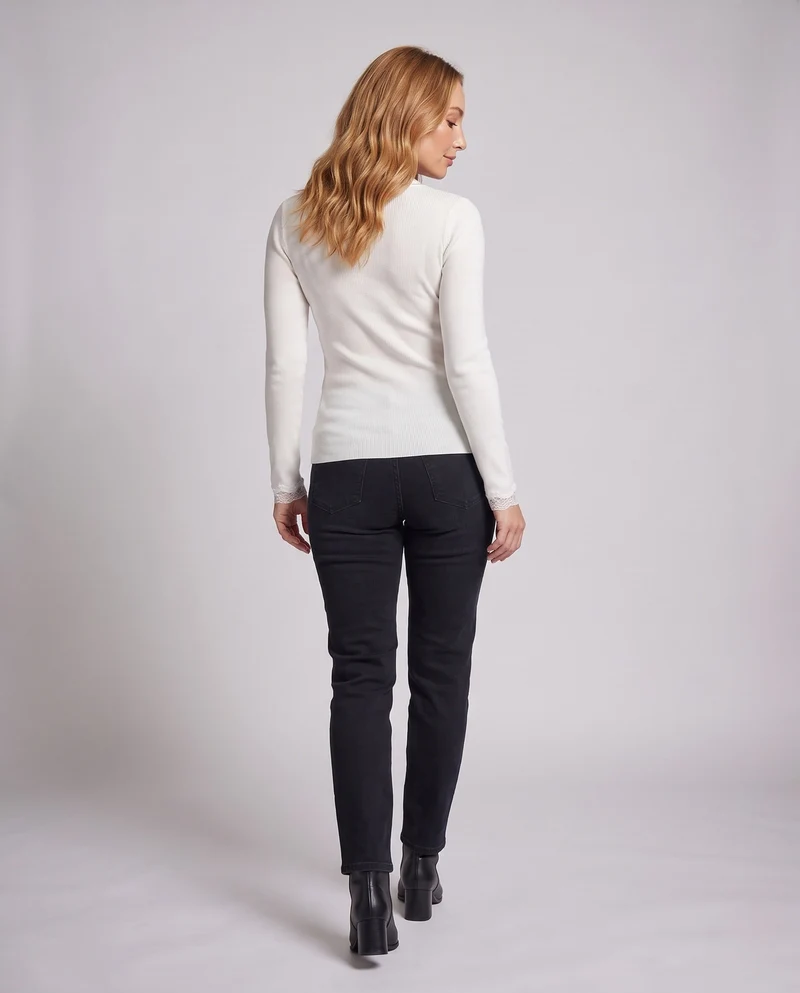 Damen figurbetont feiner Strickpullover mit Spitzen-V-Ausschnitt und langen Ärmeln Nord Taschen