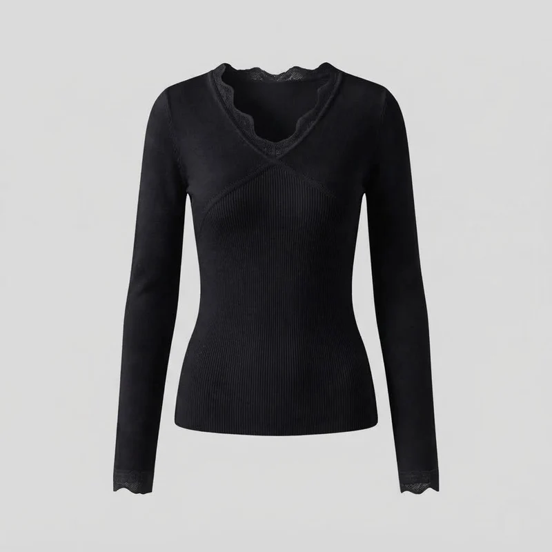 Damen figurbetont feiner Strickpullover mit Spitzen-V-Ausschnitt und langen Ärmeln Nord Taschen