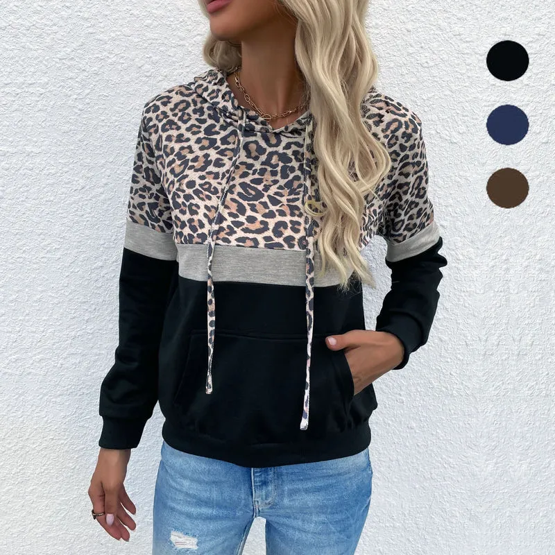 Damen Kapuzenpullover im Blockdesign mit Leopardenmuster, Kängurutasche und Tunnelzug Nord Taschen