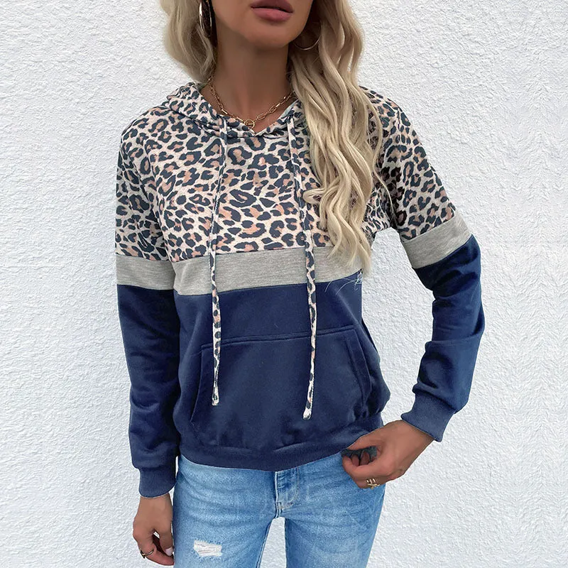 Damen Kapuzenpullover im Blockdesign mit Leopardenmuster, Kängurutasche und Tunnelzug Nord Taschen