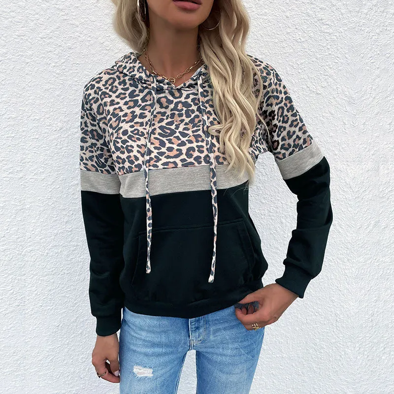 Damen Kapuzenpullover im Blockdesign mit Leopardenmuster, Kängurutasche und Tunnelzug Nord Taschen