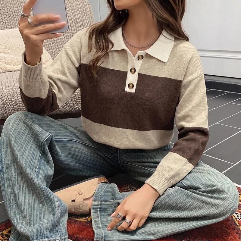 Damen Gestreifter Oversize-Polo-Strickpullover mit Knopfleiste und Rippsaum Nord Taschen