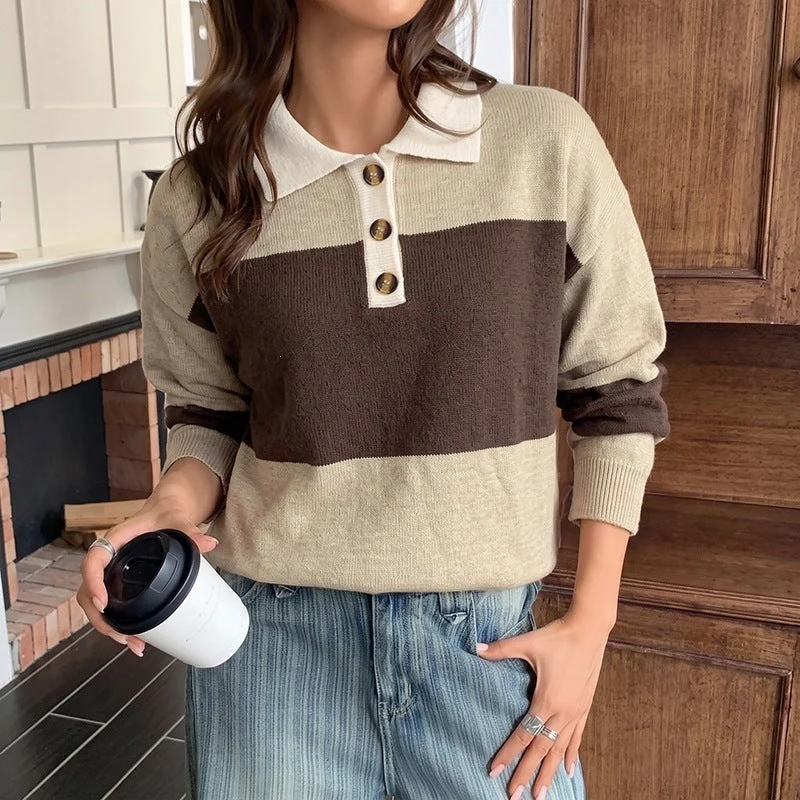 Damen Gestreifter Oversize-Polo-Strickpullover mit Knopfleiste und Rippsaum Nord Taschen