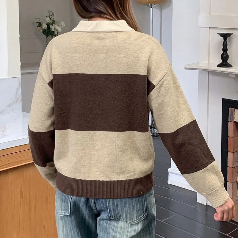 Damen Gestreifter Oversize-Polo-Strickpullover mit Knopfleiste und Rippsaum Nord Taschen