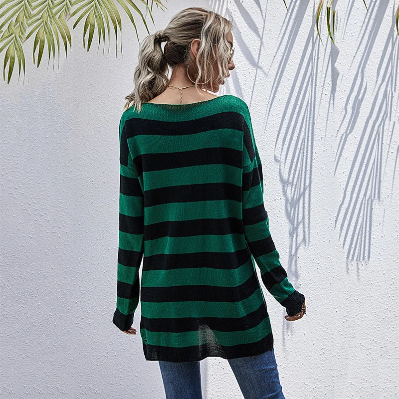 Damen Gestreifter Oversize Strickpullover mit V‑Ausschnitt und Distressed-Details Nord Taschen