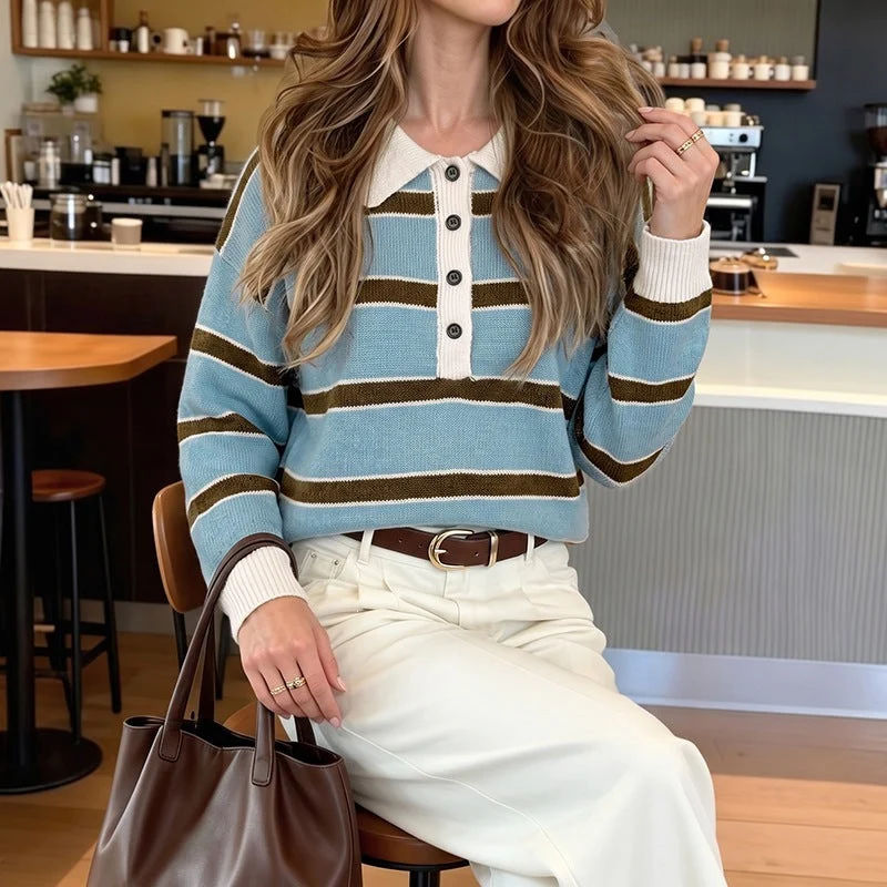 Damen Gestreifter Polo-Strickpullover mit Henley-Knopfleiste und überschnittener Schulter Nord Taschen