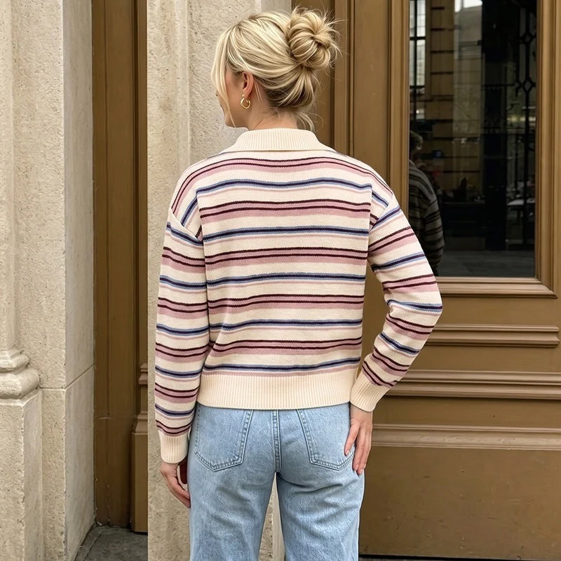 Damen Gestreifter Polokragen-Strickpullover mit Relaxed‑Fit Nord Taschen