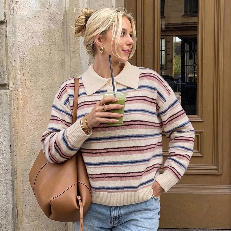 Damen Gestreifter Polokragen-Strickpullover mit Relaxed‑Fit Nord Taschen
