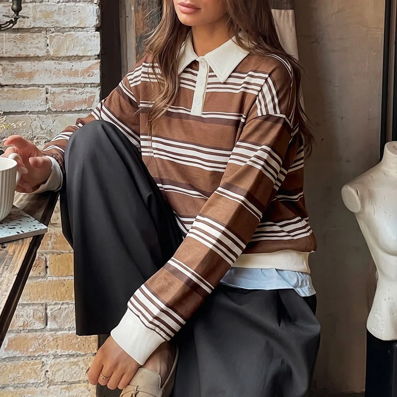 Damen Gestreifter Rugby-Pullover mit Polokragen und Oversize-Passform Nord Taschen