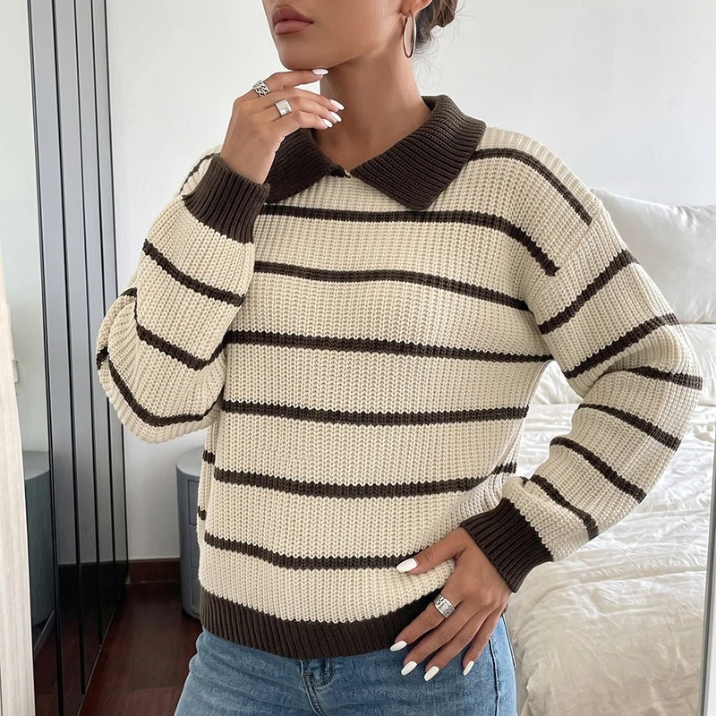 Damen Gestreifter Strick‑Polo‑Pullover mit Kontrastkragen und lockerer Oversize‑Passform Nord Taschen