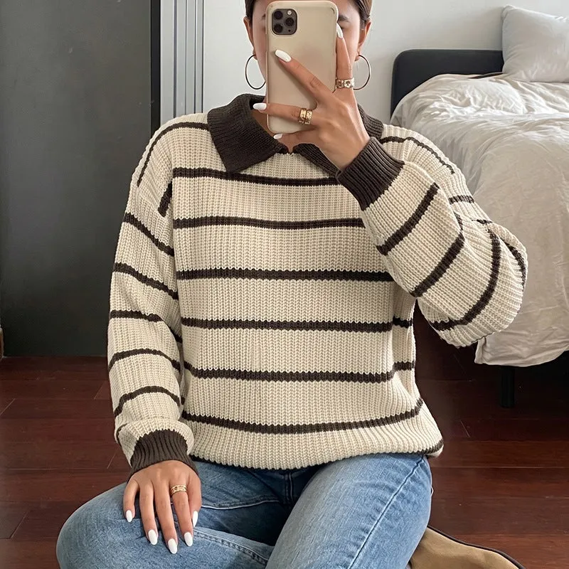 Damen Gestreifter Strick‑Polo‑Pullover mit Kontrastkragen und lockerer Oversize‑Passform Nord Taschen