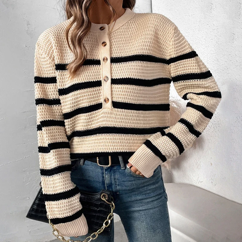 Damen Gestreifter Waffelstrick-Henley-Pullover mit Knopfleiste Nord Taschen