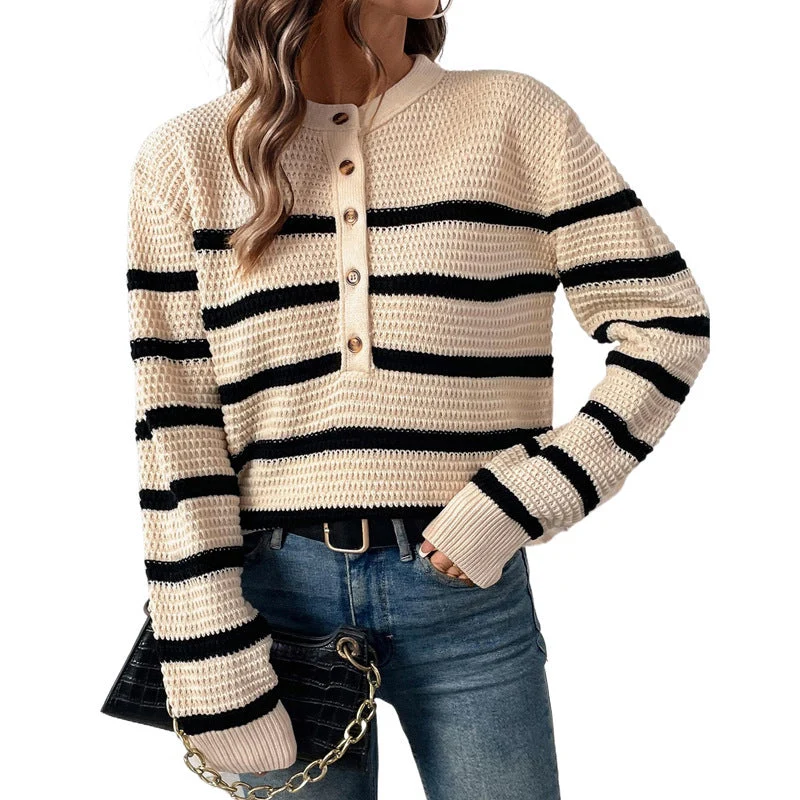 Damen Gestreifter Waffelstrick-Henley-Pullover mit Knopfleiste Nord Taschen