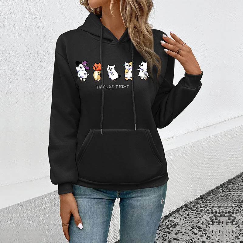 Damen Kapuzenpullover mit Cartoon-Katzen-Motiv, Kängurutasche und weichem Futter Nord Taschen