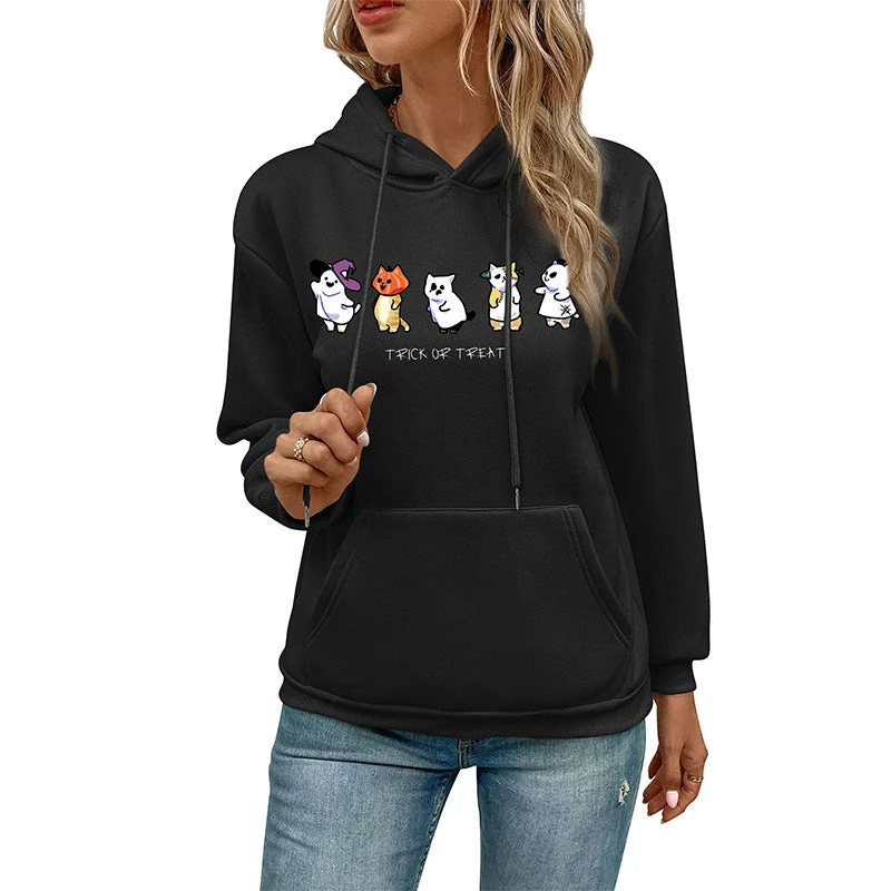 Damen Kapuzenpullover mit Cartoon-Katzen-Motiv, Kängurutasche und weichem Futter Nord Taschen