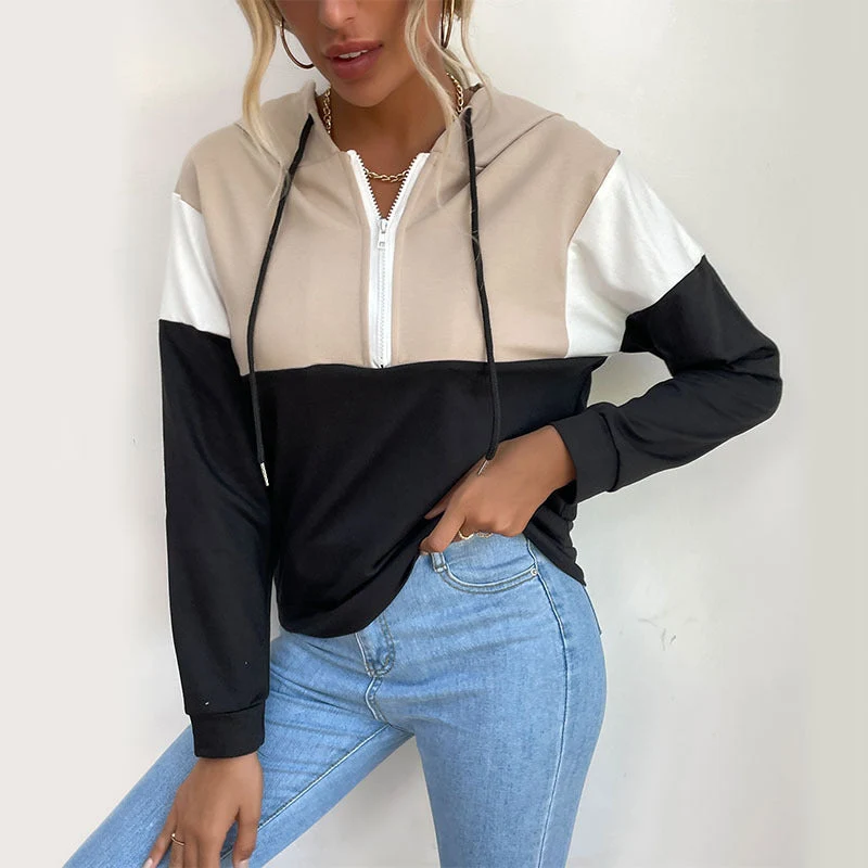 Damen Kapuzenpullover mit halbem Reißverschluss, Colorblock‑Design und Tunnelzug Nord Taschen