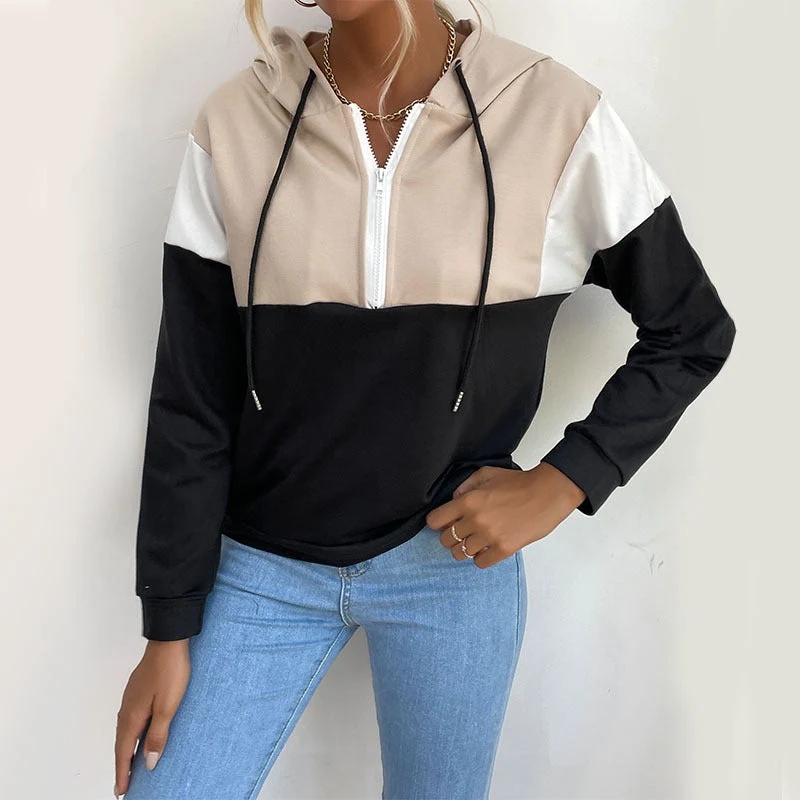 Damen Kapuzenpullover mit halbem Reißverschluss, Colorblock‑Design und Tunnelzug Nord Taschen
