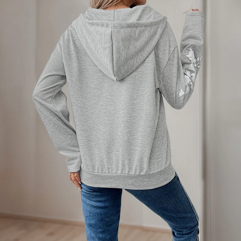 Damen Kapuzenpullover mit halbem Reißverschluss, Kängurutasche & floralen Ärmelapplikationen Nord Taschen