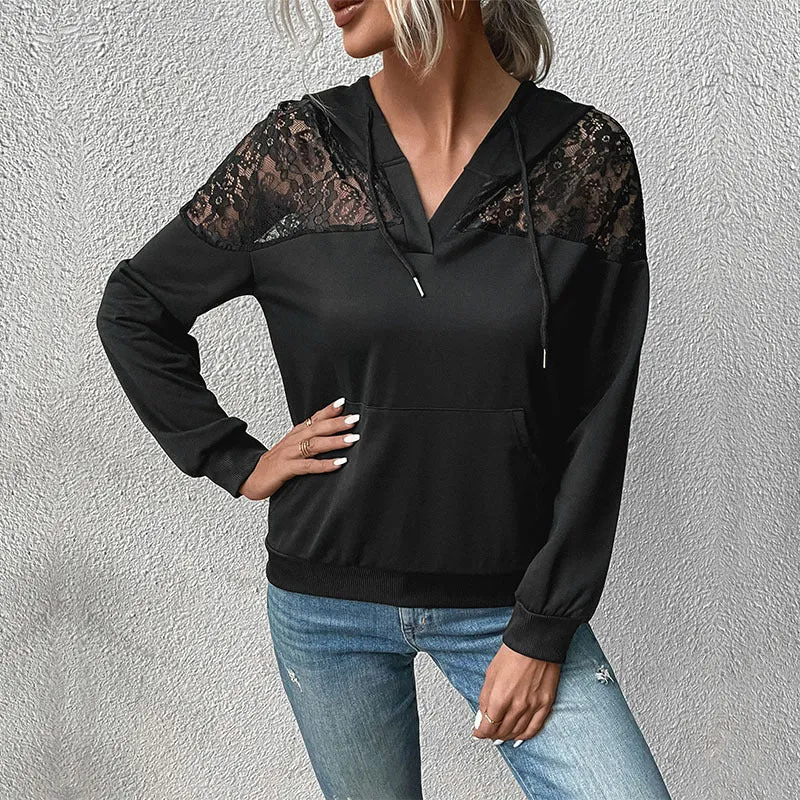 Damen Kapuzenpullover mit Spitzen‑Einsatz und V‑Ausschnitt Nord Taschen