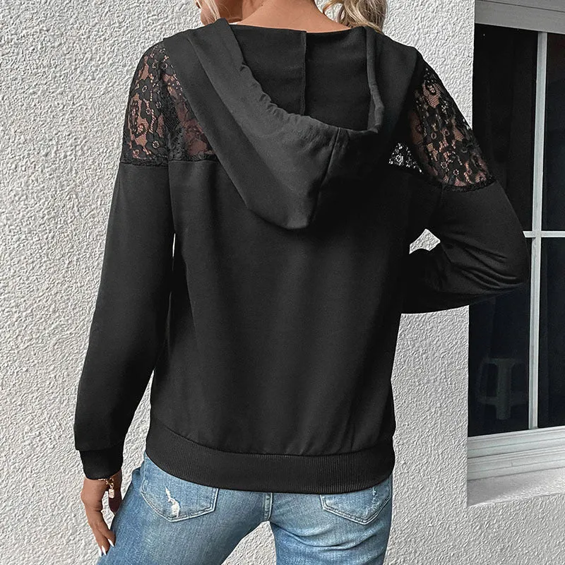 Damen Kapuzenpullover mit Spitzen‑Einsatz und V‑Ausschnitt Nord Taschen