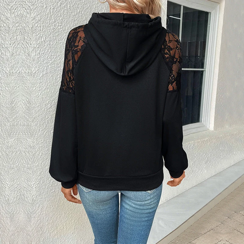 Damen Kapuzenpullover mit Spitzen-Schultereinsatz, Raglanärmeln und legerer Passform Nord Taschen